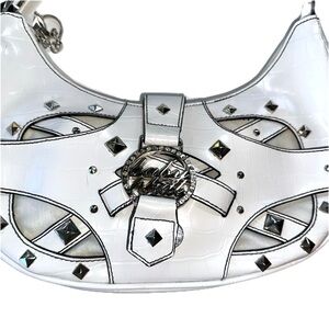 Y2K Chic Baby Phat Croc-Embossed Studded Mesh White Vinyl Crescent Shoulder Bag